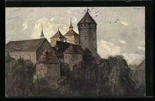 Künstler-AK Fritz Hass: Rössel, Schloss und Kirche