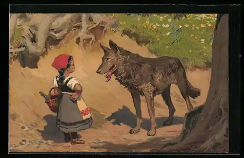Künstler-AK P. Hey: Rotkäppchen, die Begegnung mit dem Wolf auf dem Weg zur Grossmutter, Grimms Märchen