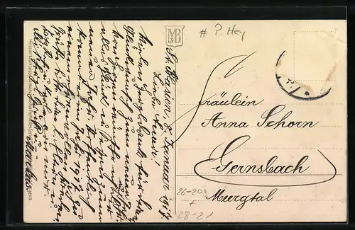 Künstler-AK P. Hey: Rotkäppchen, die Begegnung mit dem Wolf auf dem Weg zur Grossmutter, Grimms Märchen