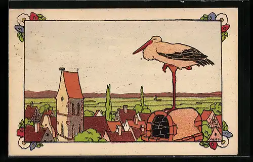 Künstler-AK Hansi: Storch auf Schornstein