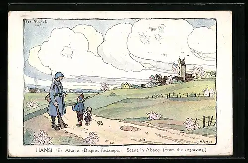 Künstler-AK Hansi: en Alsace, d'aprés l'estampe, Soldat und Kinder am Ortsrand