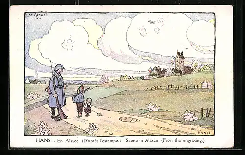 Künstler-AK Hansi: en Alsace, d'aprés l'estampe, Soldat und Kinder am Ortsrand