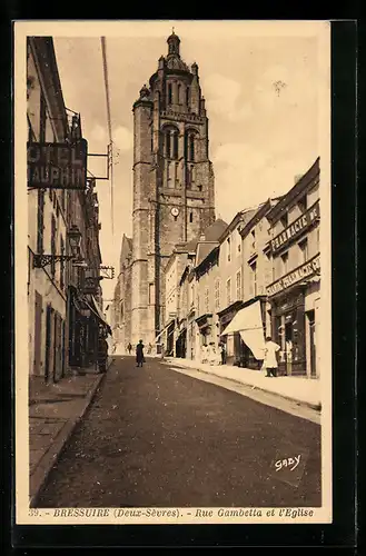 AK Bressuire, rue Gambette, l`église et les magasins, l`Hôtel Dauphin, la grande pharmacie