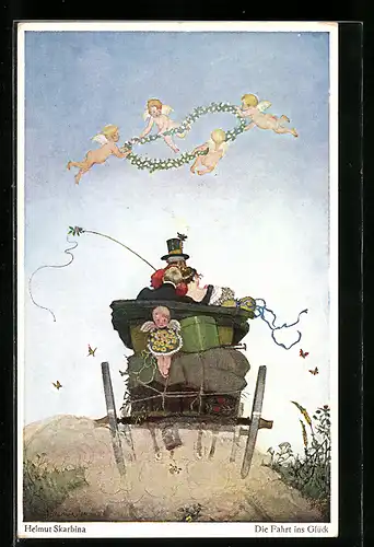 Künstler-AK Helmut Skarbina: Die Fahrt ins Glück, Puttenmit Girlande über Kutsche fliegend