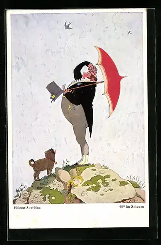 Künstler-AK Helmut Skarbina: Im Schatten, Mann mit Sonnenschirm und Hund auf einem Fels