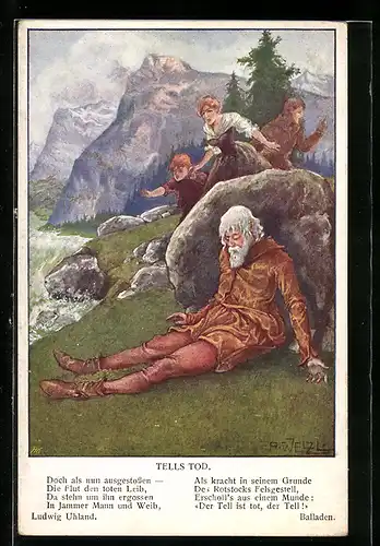 Künstler-AK Tells Tod, Angehörige suchen nach Wilhelm