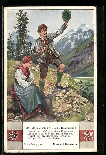 Künstler-AK sign. A. Welzl: Mann und Frau in Tracht im Gebirge