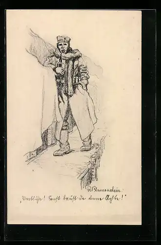 AK Soldat im Uniformmantel mit Tabakpfeife im Schützengraben