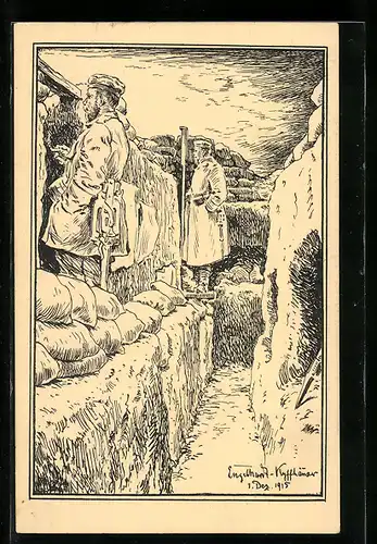 Künstler-AK Soldaten des Res. Jäger-Batl. 4 im Schützengraben