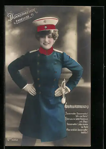 AK Frau in Uniform mit Lied Donnerwetter - Tadellos