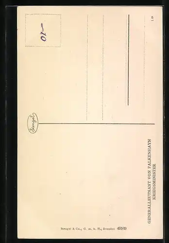 AK Portrait von Generalleutnant von Falkenhayn in Uniform mit Orden