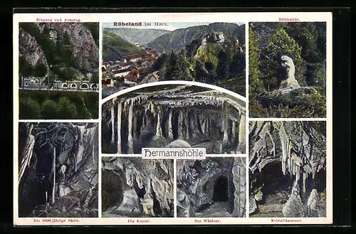 AK Rübeland (Harz), Ortsansicht und sieben Ansichten aus der Hermannshöhle