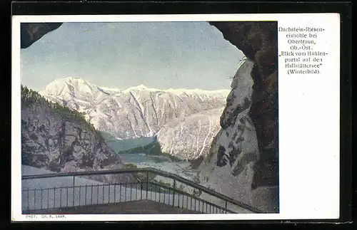 AK Dachstein-Rieseneishöhle, Blick vom Höhlenportal auf den Hallstättersee