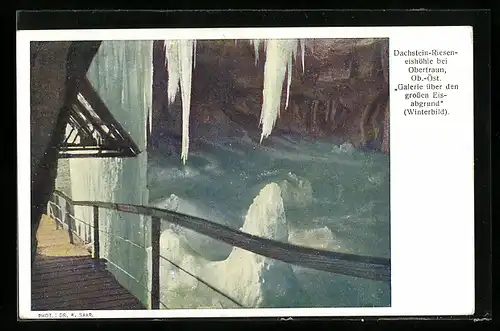 Künstler-AK Dachstein-Rieseneishöhle, Galerie über den den grossen Eisabgrund, Winterbild