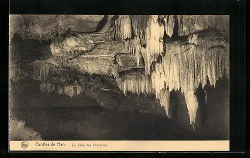 AK Grottes de Han, la Salle des Draperies, Stalagtiten in der Grotte