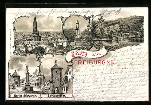 Lithographie Freiburg i. B., Bertholdsbrunnen, Münster, Schwabenthor