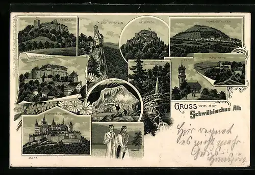 Lithographie Lichtenstein, Achalm, Hohenstaufen, Nebelhöhle