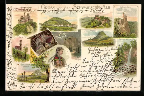 Lithographie Rechberg b. Schwäb. Gmün, Hohenzollern, Lichtenstein, Achalm, Teck