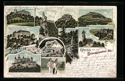 Lithographie Schwäbische Alb, Teck, Rechberg, Achalm, Neuffen, Tübinger Schloss, Hohenzollern, Nebelhöhle, Lichtenstein