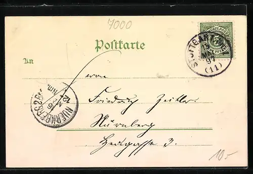 Lithographie Stuttgart, Marktplat, Altes Schloss, Johanneskirche