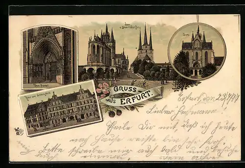 Lithographie Erfurt, Haus zum breiten Herd, Dom, Severikirche