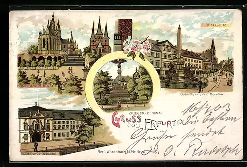 Lithographie Erfurt, Gebr. Kornicker, Dom u. Severt-Kirche, Regierungs-Gebäude