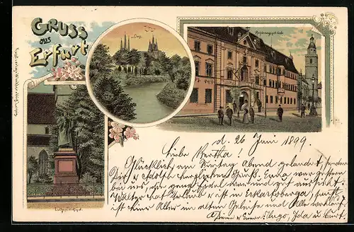 Lithographie Erfurt, Regierungsgebäude, Luther-Denkmal, Dom