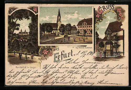 Lithographie Erfurt, Kaufmannskirche, Luther-Denkmal, Durchblick im Steiger