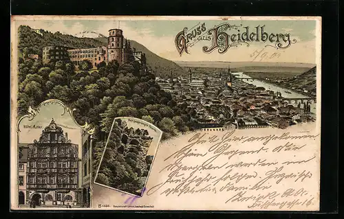 Lithographie Heidelberg, Hotel Ritter, Der gesprengte Turm, Panorama