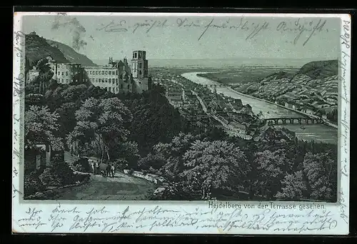 Lithographie Heidelberg, Ortsansicht von der Terrasse aus
