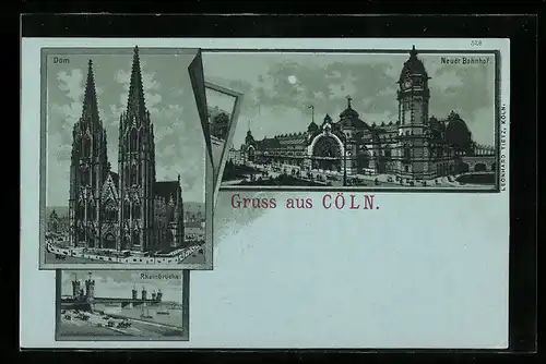 Lithographie Köln, Dom, Neuer Bahnhof, Rheinbrücke