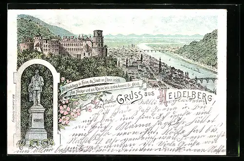 Lithographie Heidelberg, Panorama mit Scheffel-Denkmal