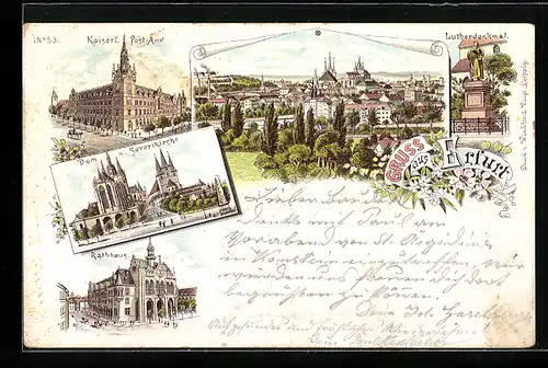 Vorläufer-Lithographie Erfurt, Kaiserl. Post-Amt, Dom und Severikirche, Rathaus 1893