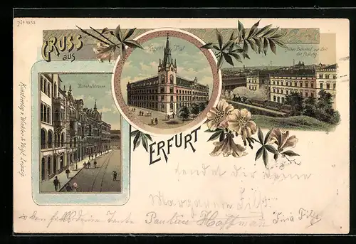 Lithographie Erfurt, Bahnhofstrasse, Post, Alter Bahnhof zur Zeit der Festung