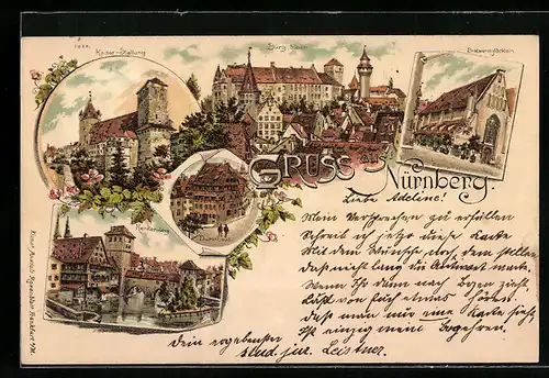 Lithographie Nürnberg, Kaiserstallung, Henkersteg, Südseite der Burg, Dürerhaus und Gasthaus Bratwurstglöcklein