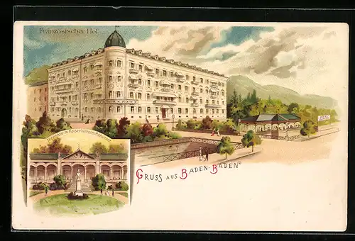 Lithographie Baden-Baden, Französischer Hof, Trinkhalle mit Kaiser Wilhelm Monument