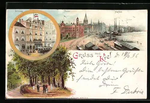 Lithographie Kiel, Bührsch Hotel, Düsternbroker Allee, Hafen, Post