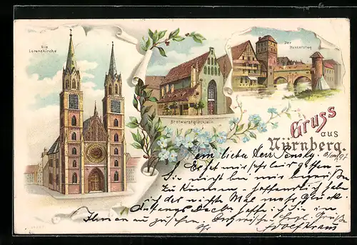 Lithographie Nürnberg, Bratwurstglöcklein, Henkersteg, Lorenzkirche