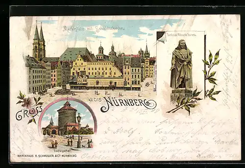 Lithographie Nürnberg, Marktplatz mit Sebalduskirche, Denkmal Albrecht Dürer, Ludwigsthor