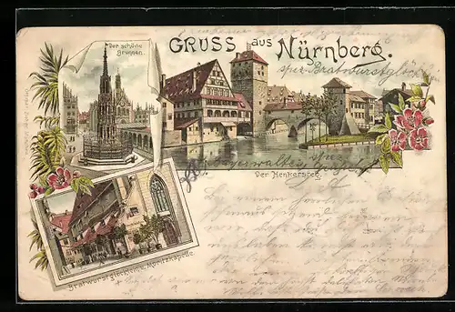 Lithographie Nürnberg, Bratwurstglöcklein und Moritzkapelle, der schöne Brunnen, Henkersteg