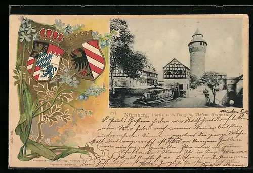 Passepartout-Lithographie Nürnberg, Partie a. d. Burg m. Tiefem Brunnen, Wappen