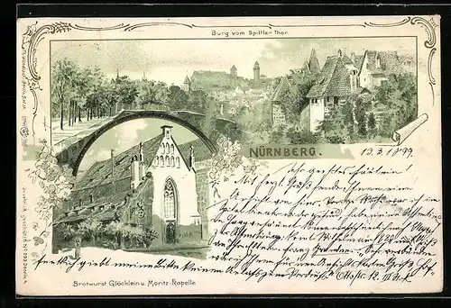 AK Nürnberg, Burg vom Spittler Tor, Bratwurst-Glöcklein und Moritz-Kapelle