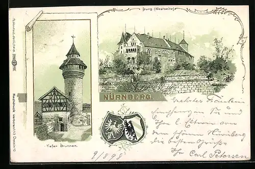 Lithographie Nürnberg, Tiefer Brunnen, Burg, Wappen