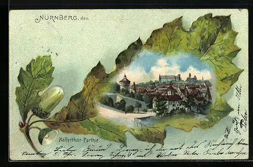 Passepartout-Lithographie Nürnberg, Hallentor Partie im Eichenblatt