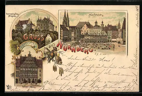 Lithographie Nürnberg, Marktplatz, Germanisches Museum, Peffer-Haus