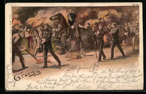 Künstler-AK Studenten mit Fackeln geleiten gefangenen auf einem Pferd