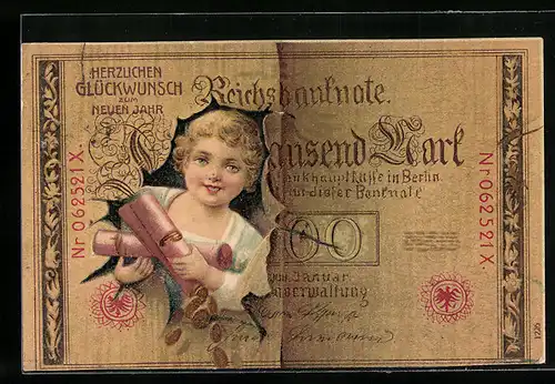 AK ein Kind mit Münzstangen schaut durch einen Tausend Mark-Schein