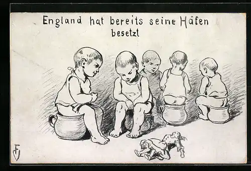 AK Propaganda 1. Weltkrieg, Toilettenhumor, Kleinkinder sitzen auf dem Nachttopf