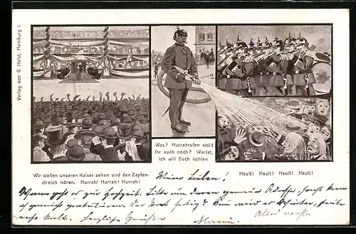 AK Hamburg-Altona, Zapfenstreich von Altona, Menschenmenge wird mit dem Wasserschlauch bespritzt