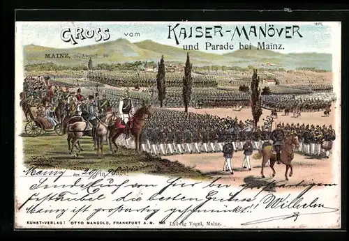 Lithographie Gruss vom Kaisermanöver, Soldatenparade mit Pferden